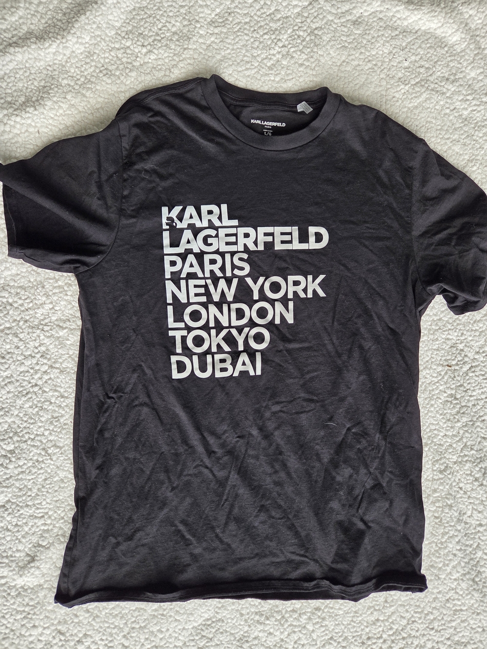 Karl Lagerfeld Black Tee with White City List Print Large